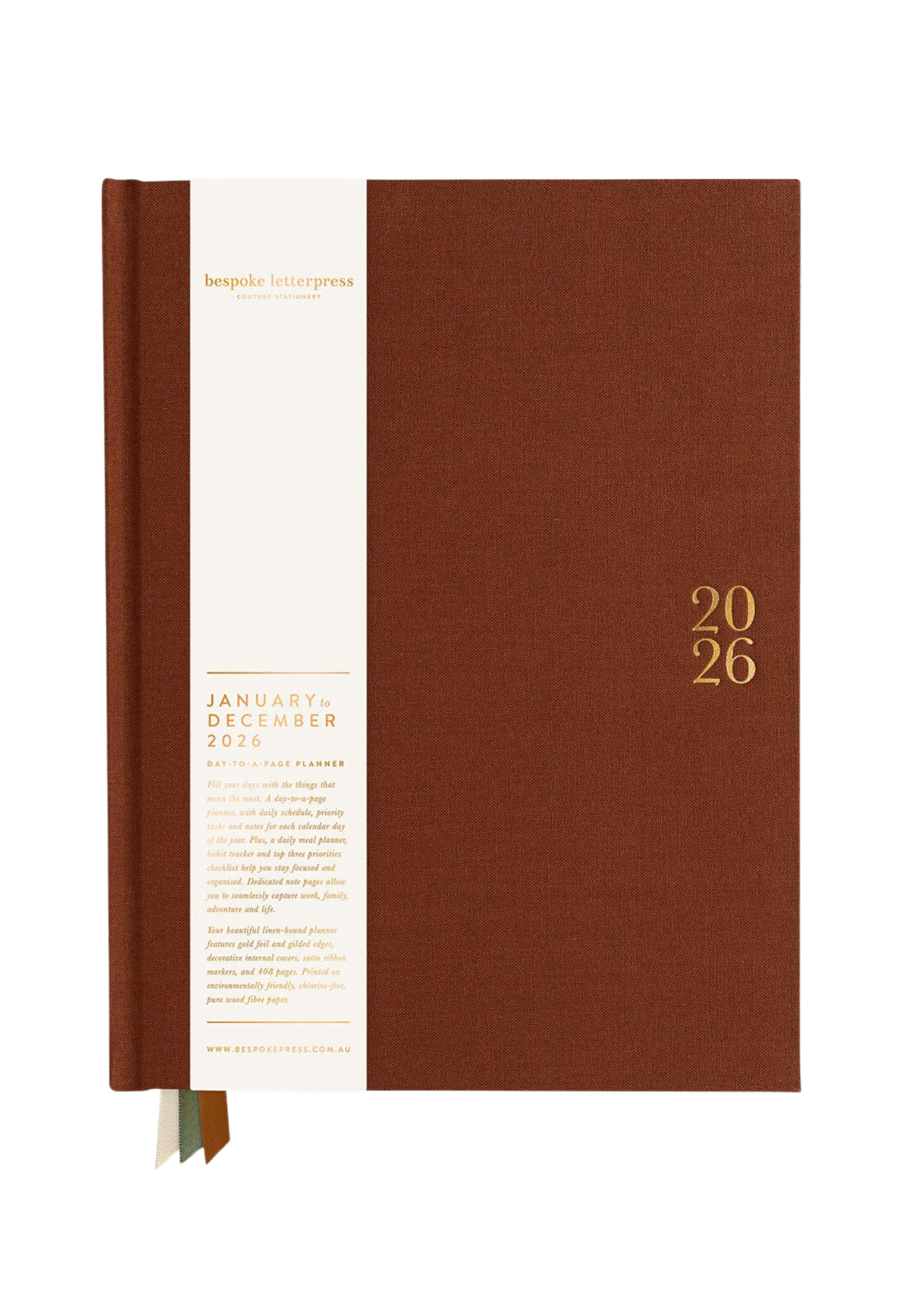 bespoke letterpress - 2026 day-to-a-page linen bound planner - bronze