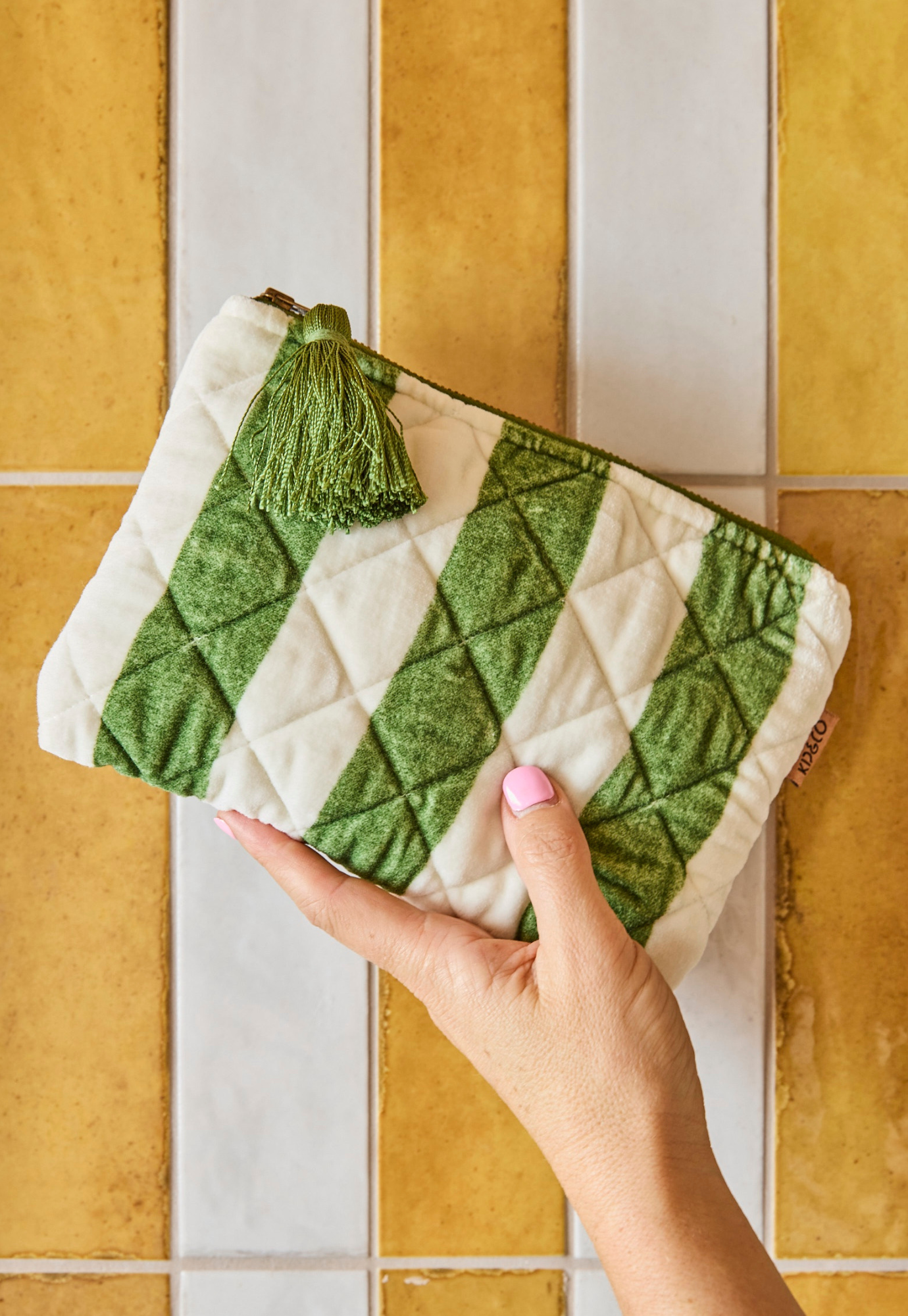 kip&co - moss stripe velvet cosmetics purse