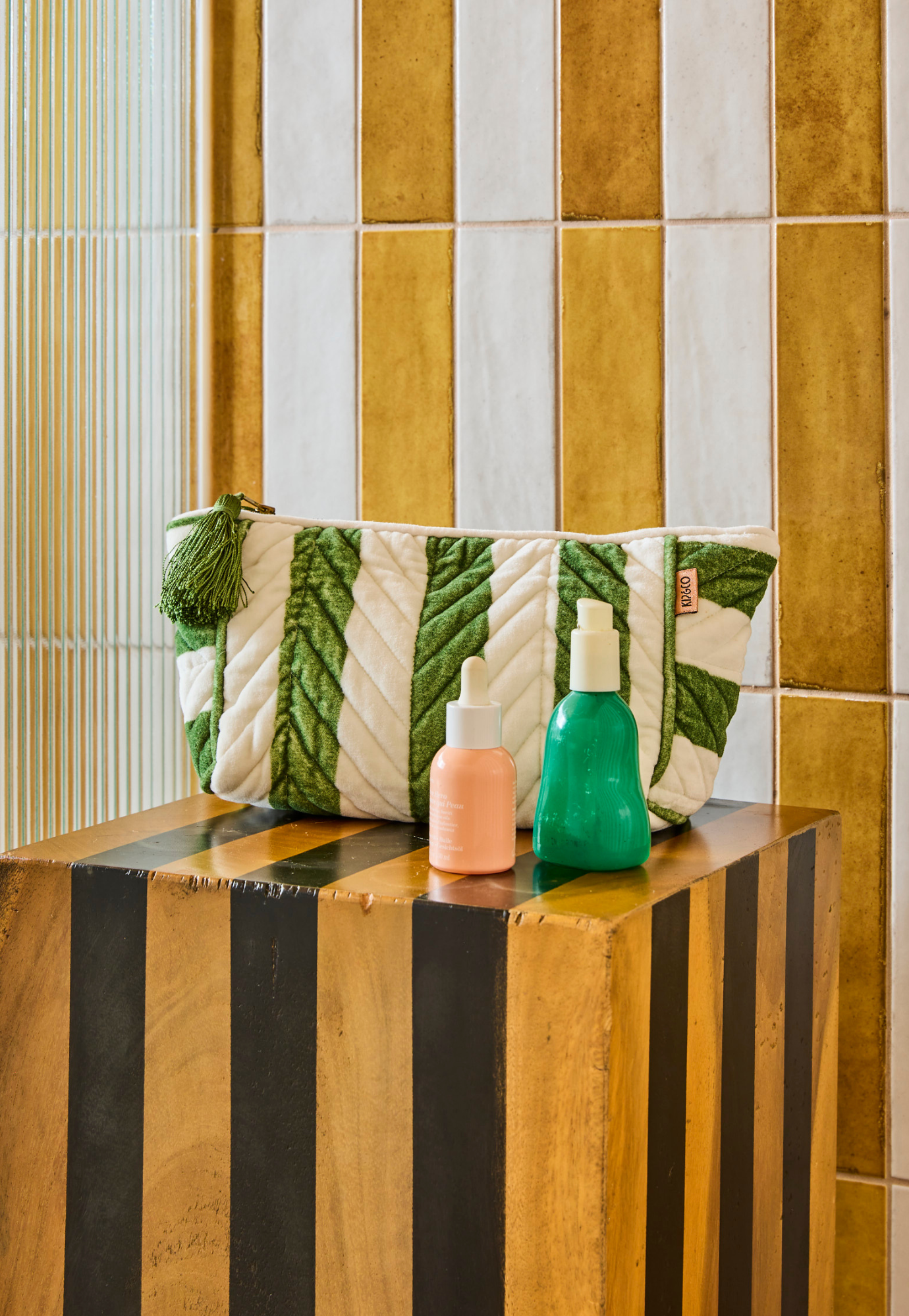 kip&co - moss stripe velvet toiletry bag