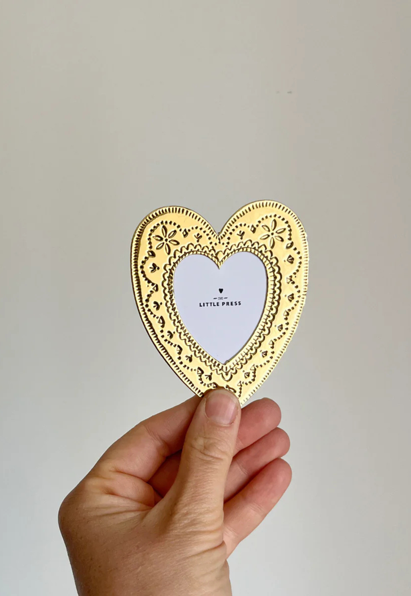 faux tin gold heart travel/desk frame card – GOOSE