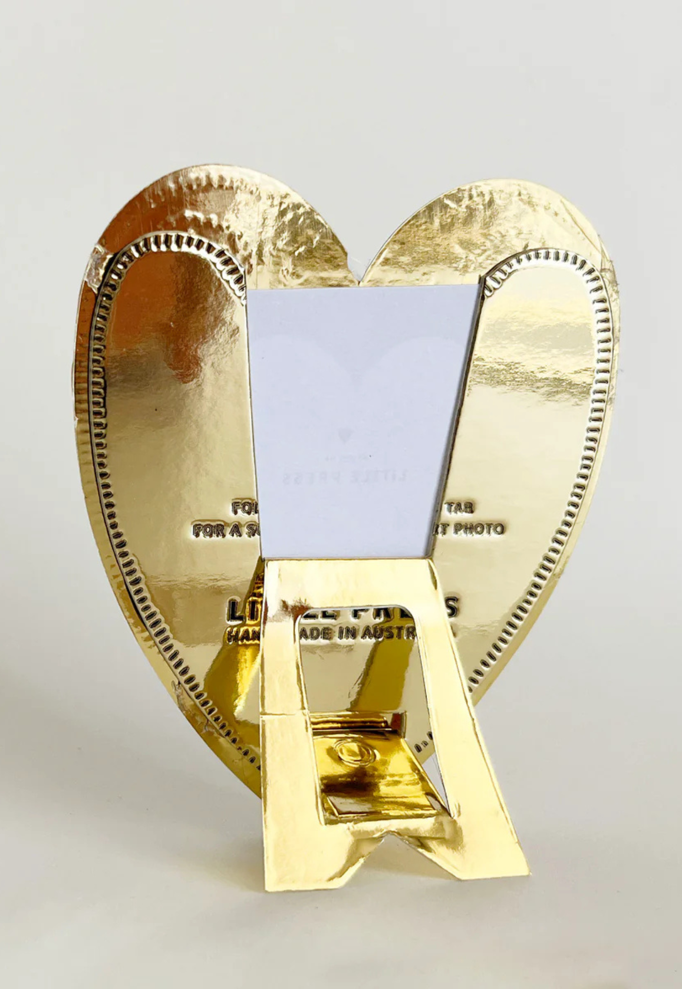 faux tin gold heart travel/desk frame card – GOOSE