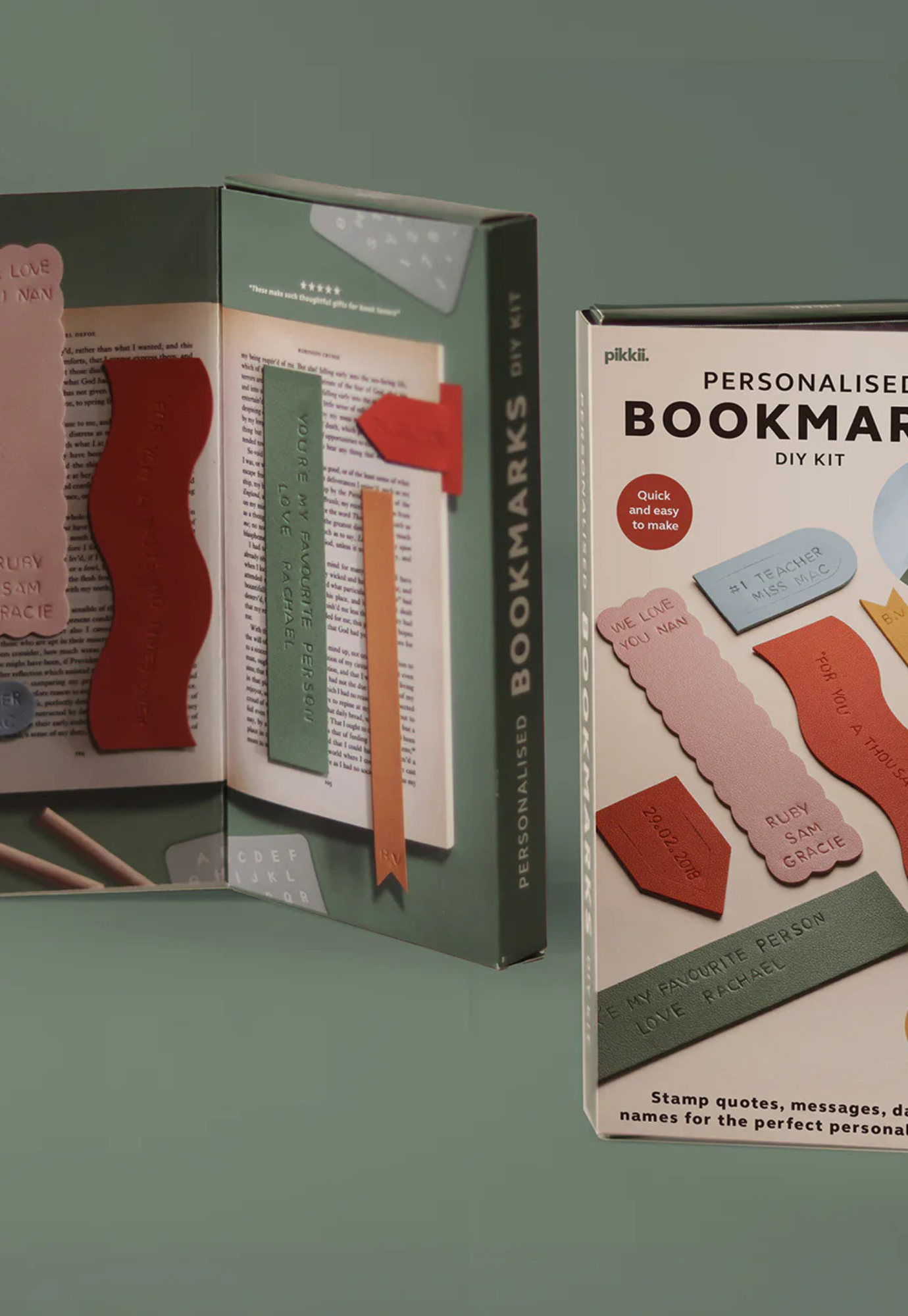 flat lay of personalised bookmarks kit contents including 6 colourful vegan leather bookmarks, wooden stamps and instruction guide