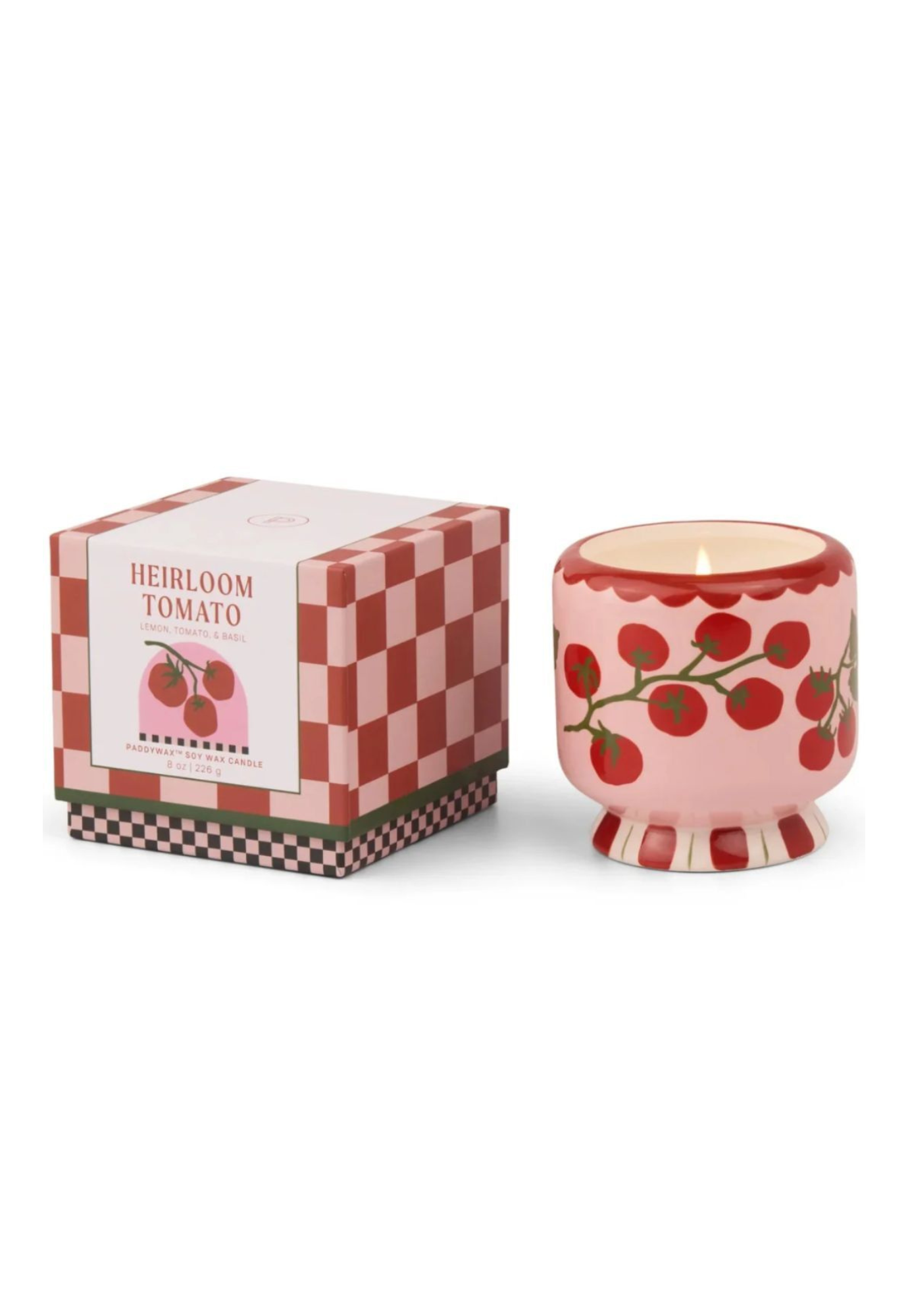 Pink ceramic candle with cherry tomato design with pink background  and matching packaging