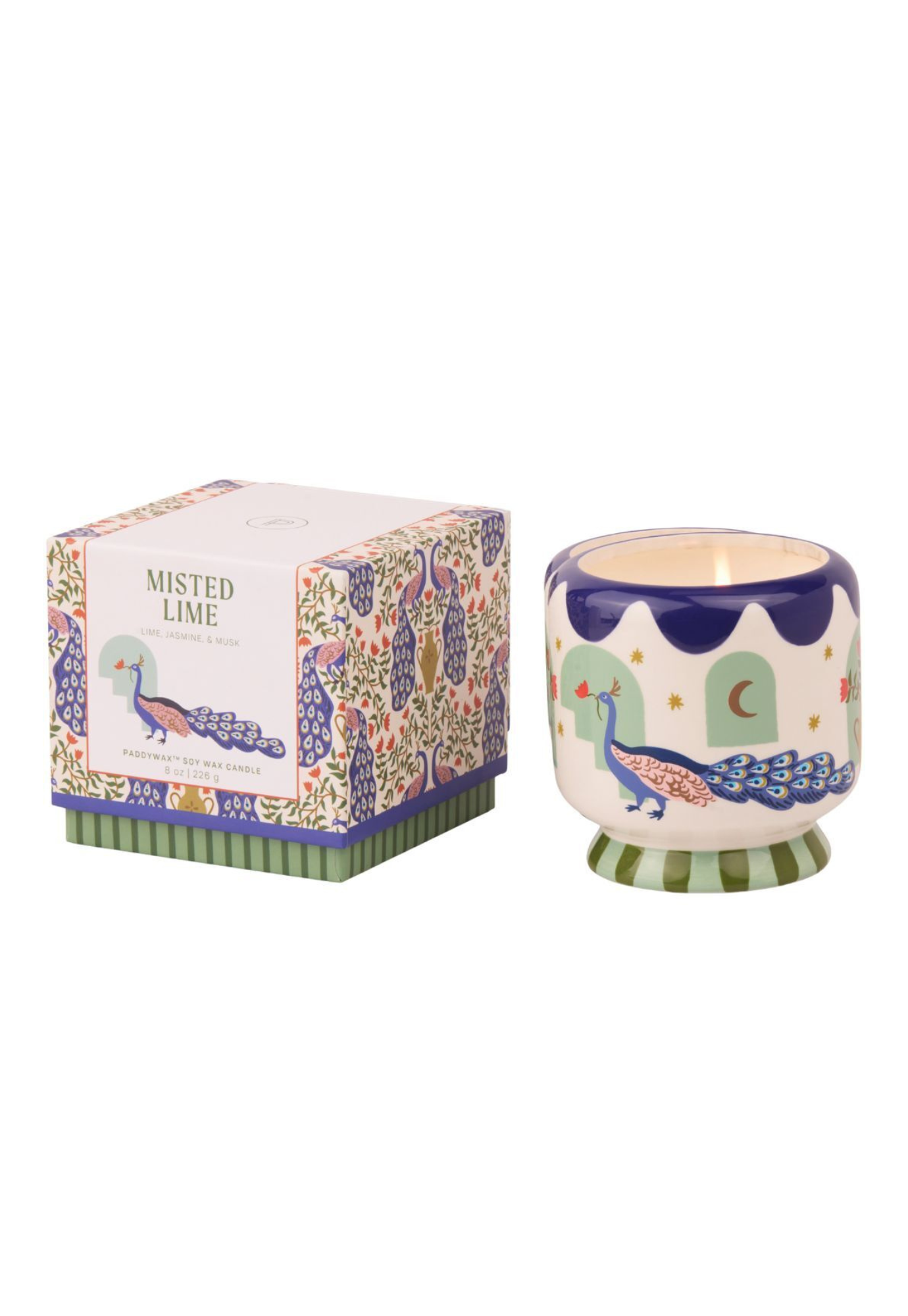 Decorative candle with peacock design in a matching box on a white background