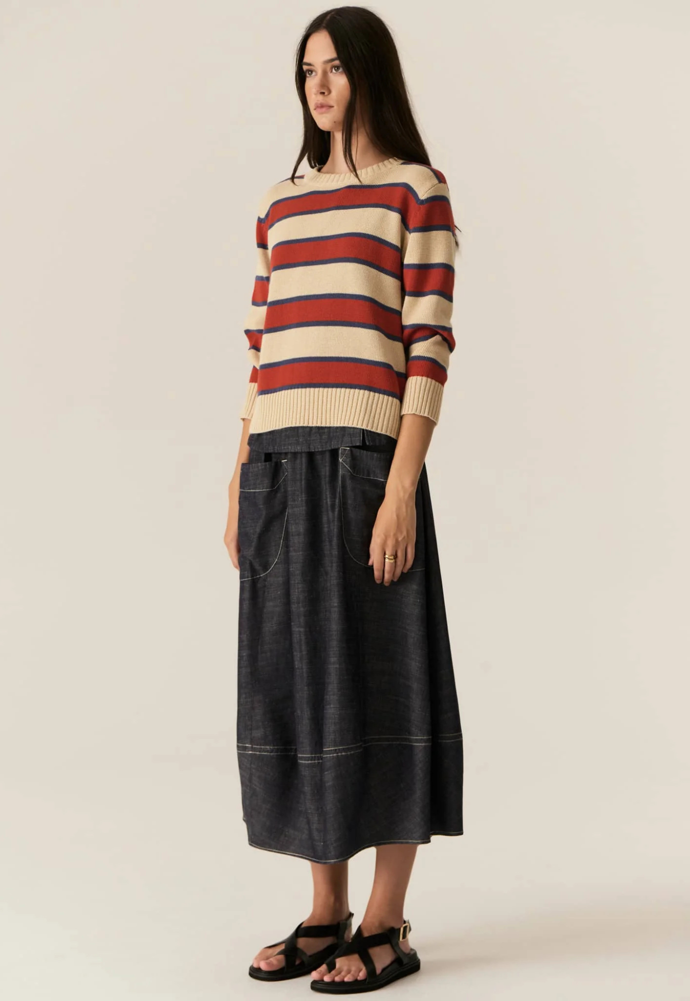 pol - jules stripe knit - pebble/red