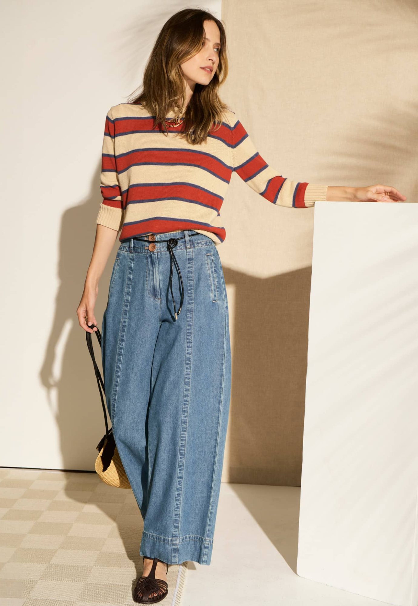 pol - jules stripe knit - pebble/red