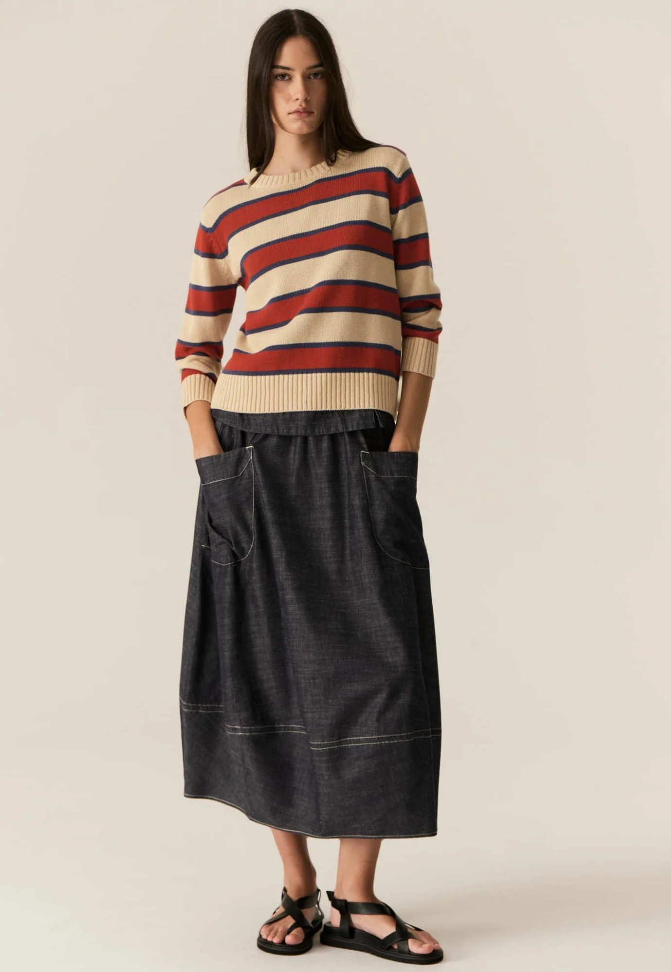 pol - jules stripe knit - pebble/red