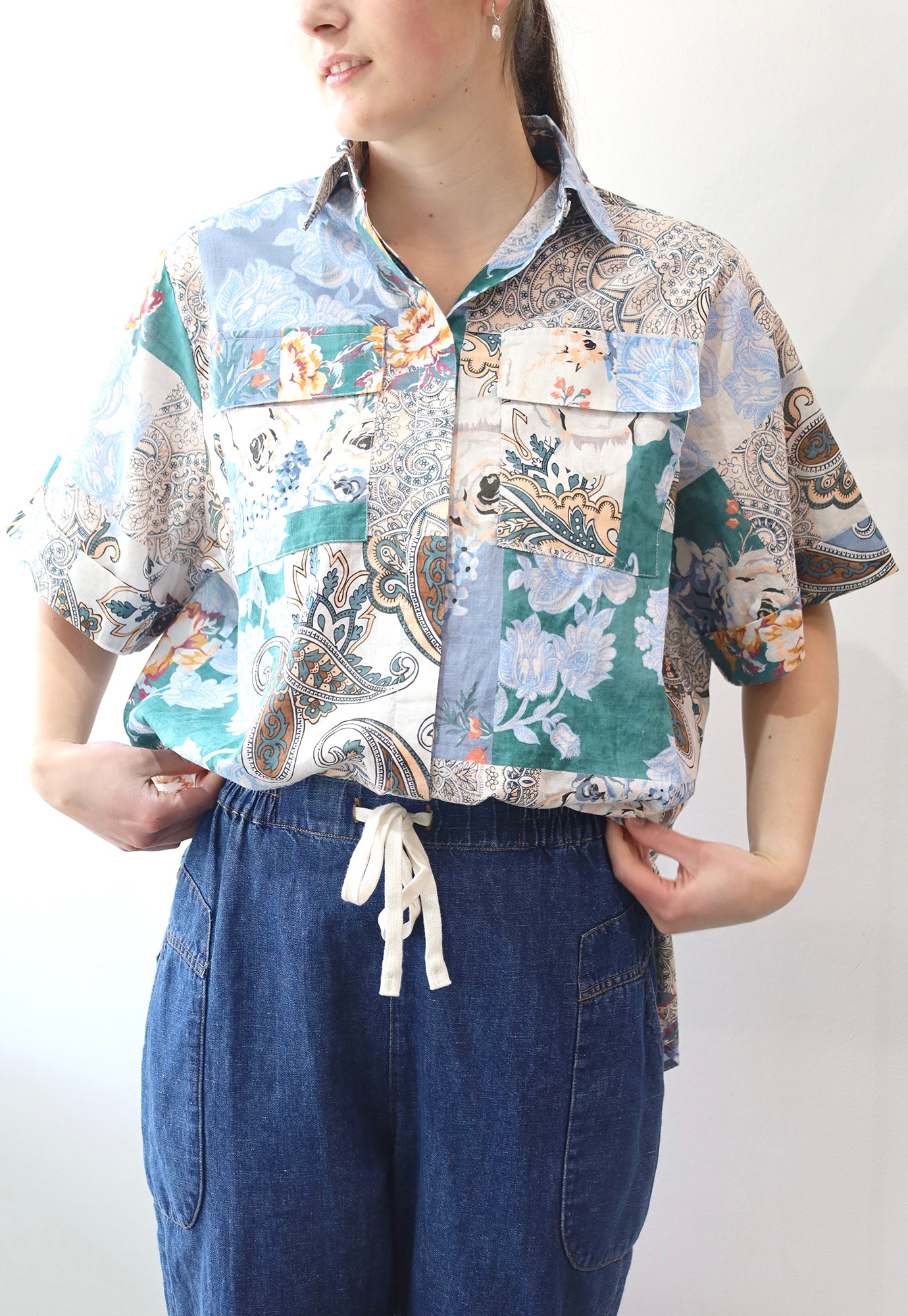 kinney - juniper shirt - cyan patchwork