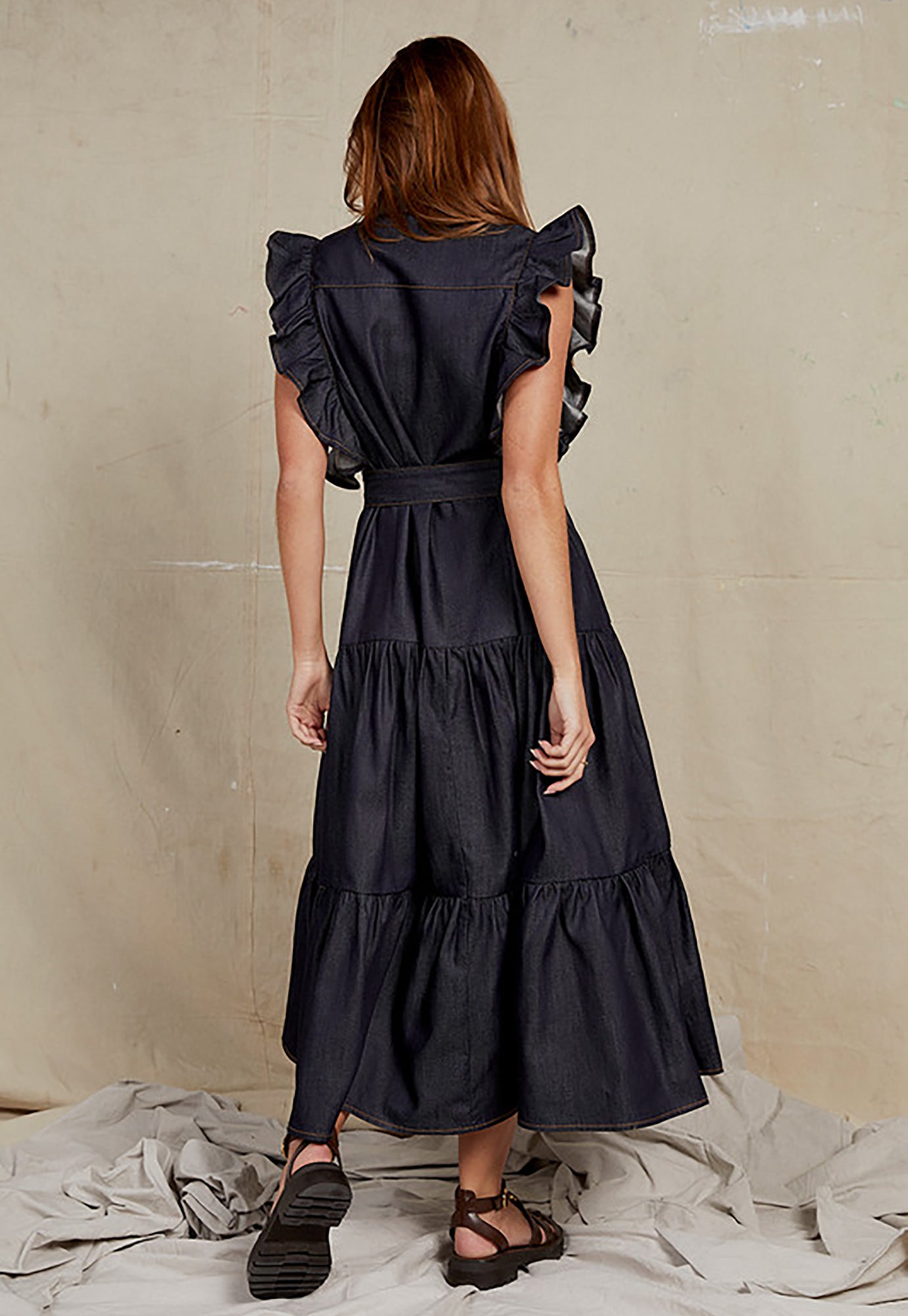 bohemian traders - ruffle batwing dress - indigo