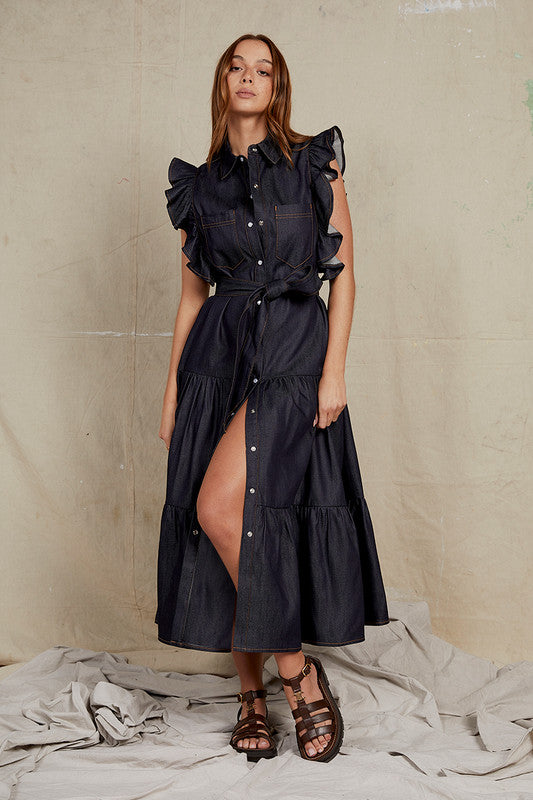 bohemian traders - ruffle batwing dress - indigo