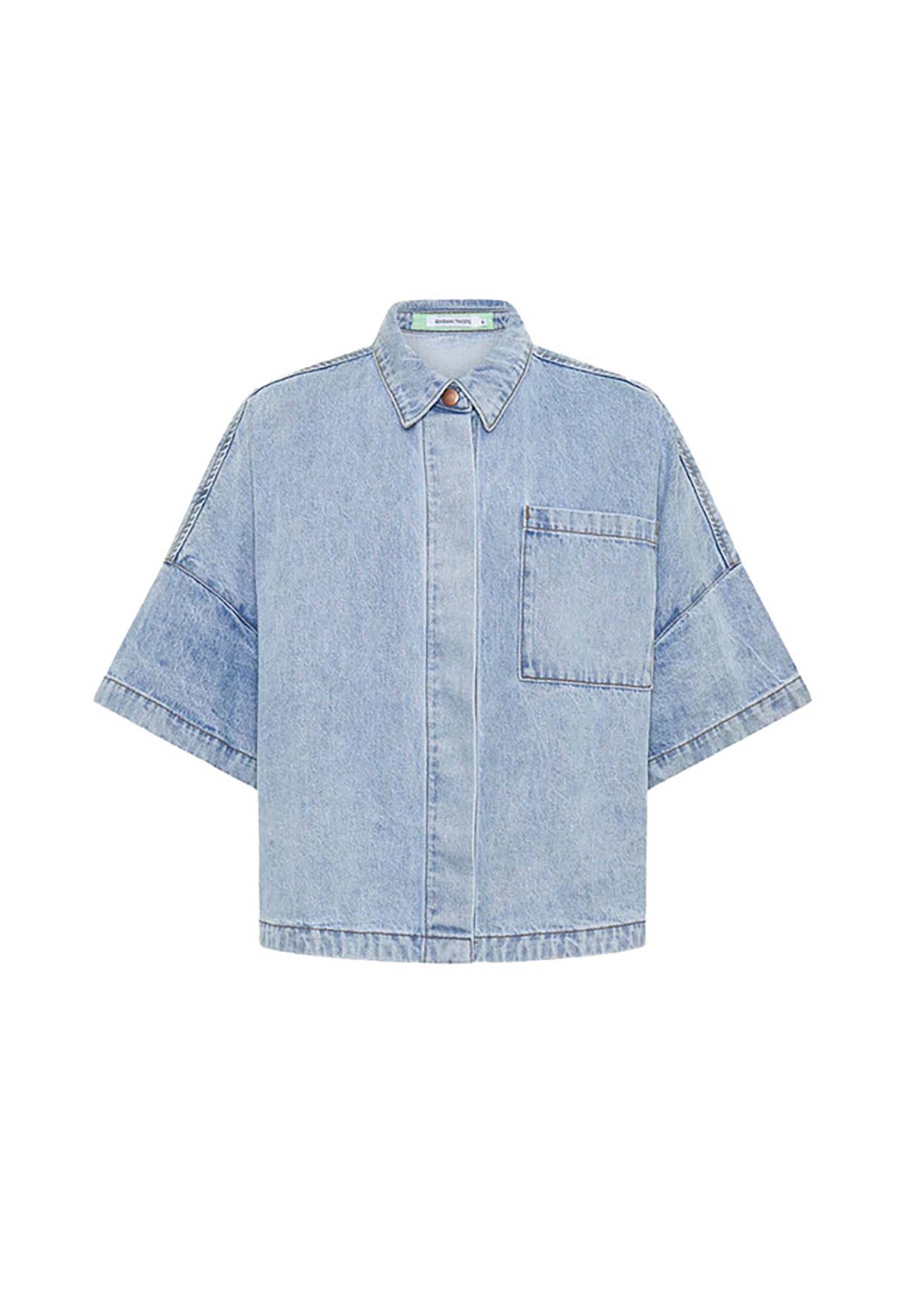 bohemian traders - short sleeve oversized denim shirt - ice blue