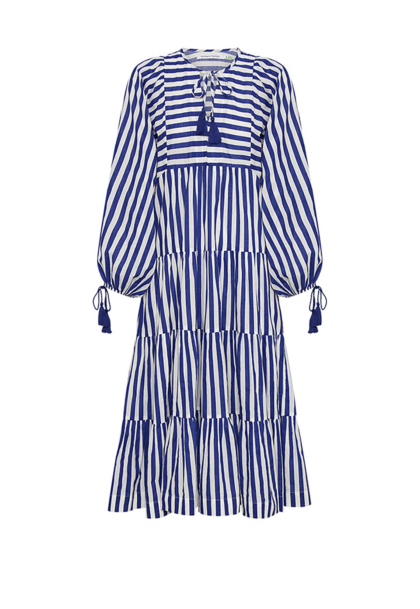 bohemian traders - stripe boho midi dress - royal/white stripe
