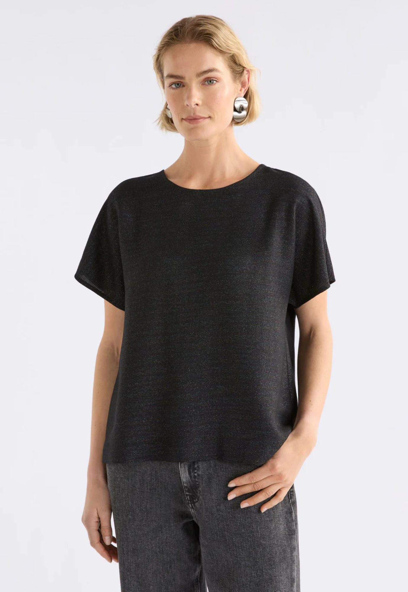 front view of the elk tulle top in soft metallic linen blend with relaxed silhouette
