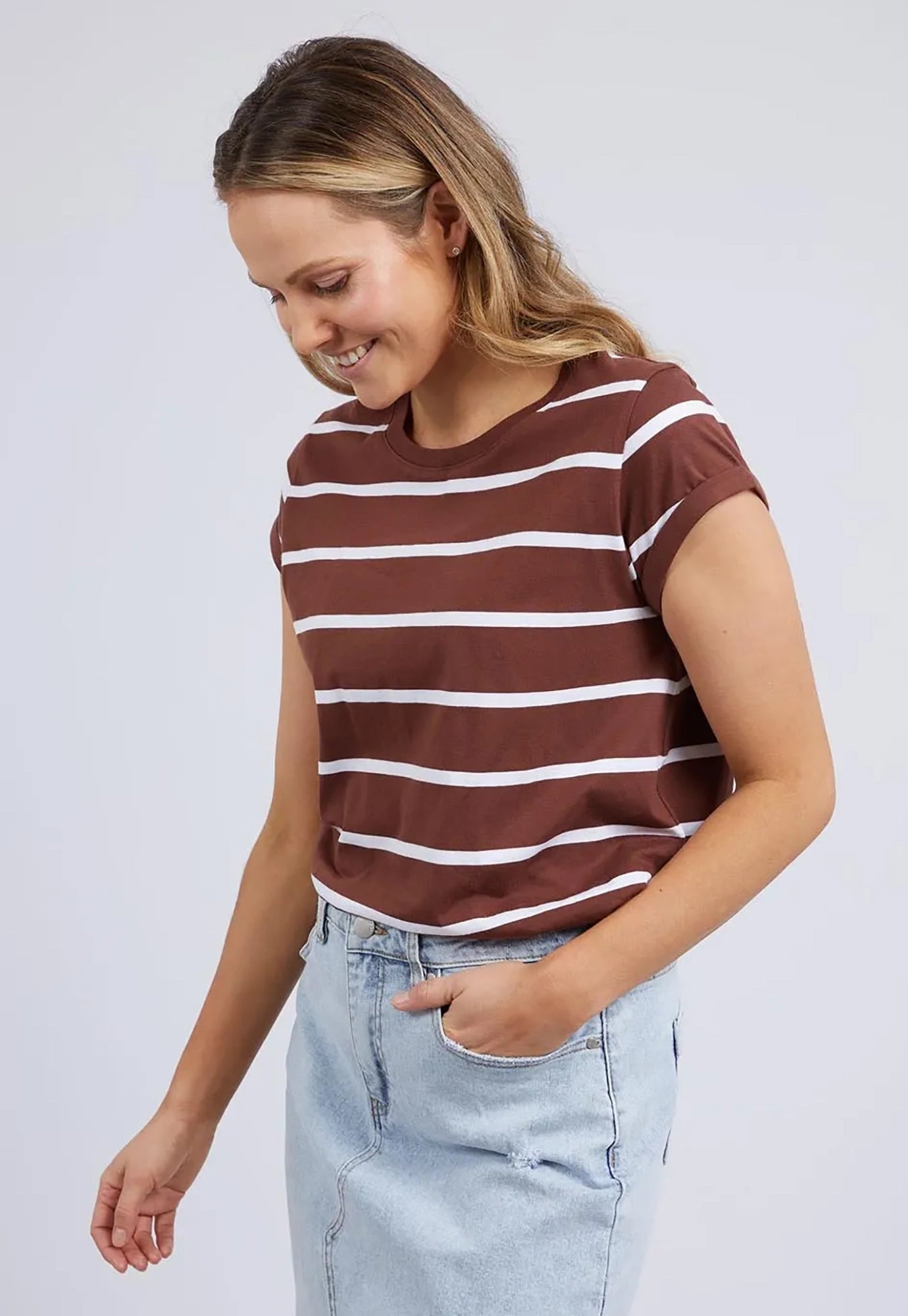 foxwood - manly tee - choc/white stripe