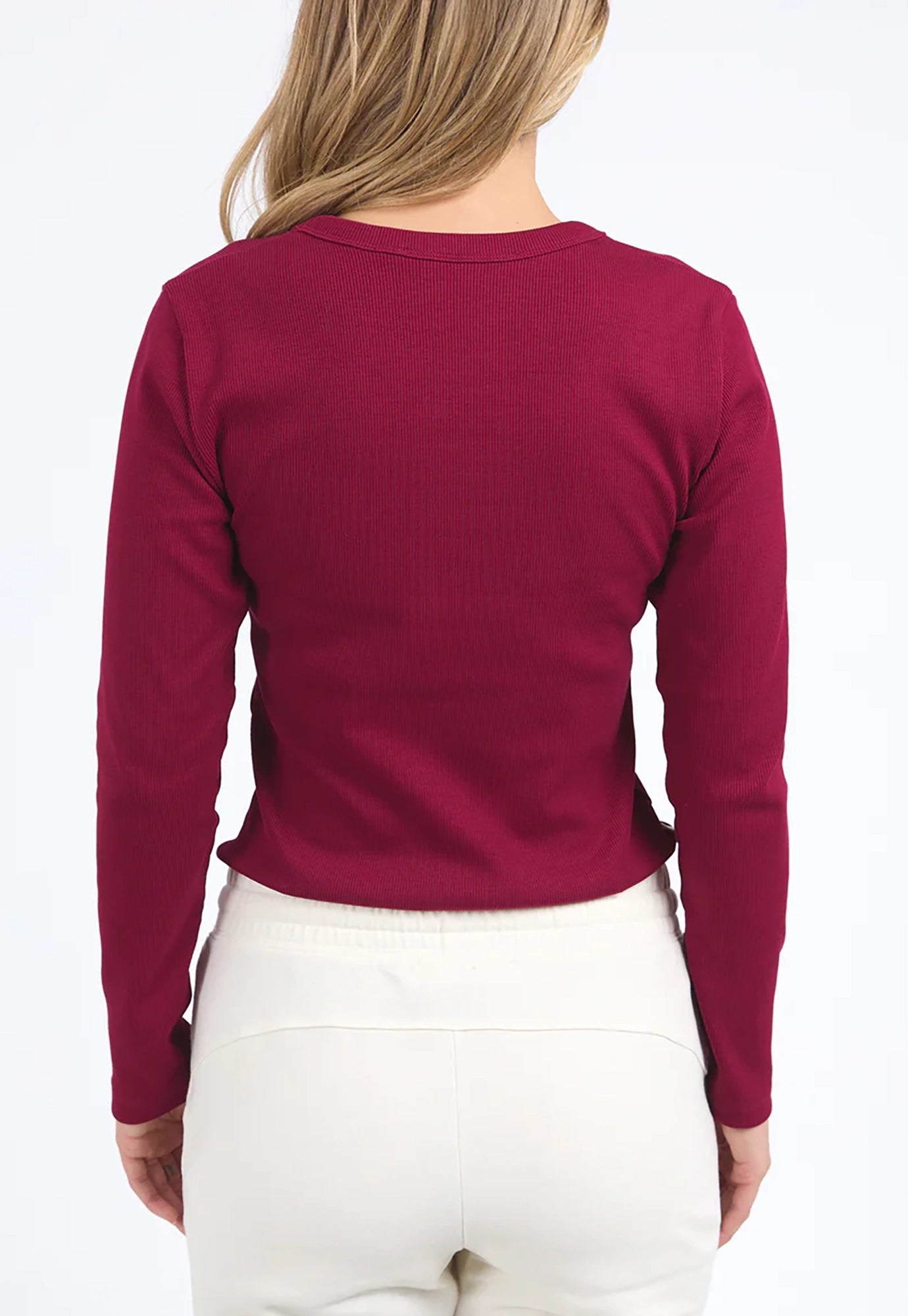 foxwood - scoop long sleeve rib top - beetroot red