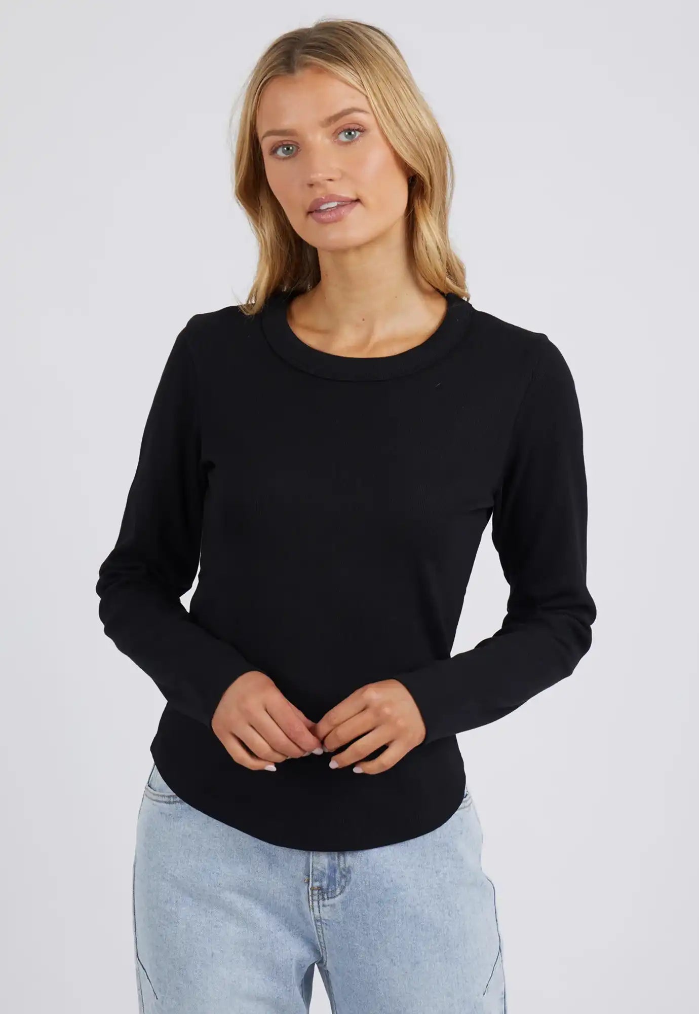 foxwood - scoop long sleeve rib top - black