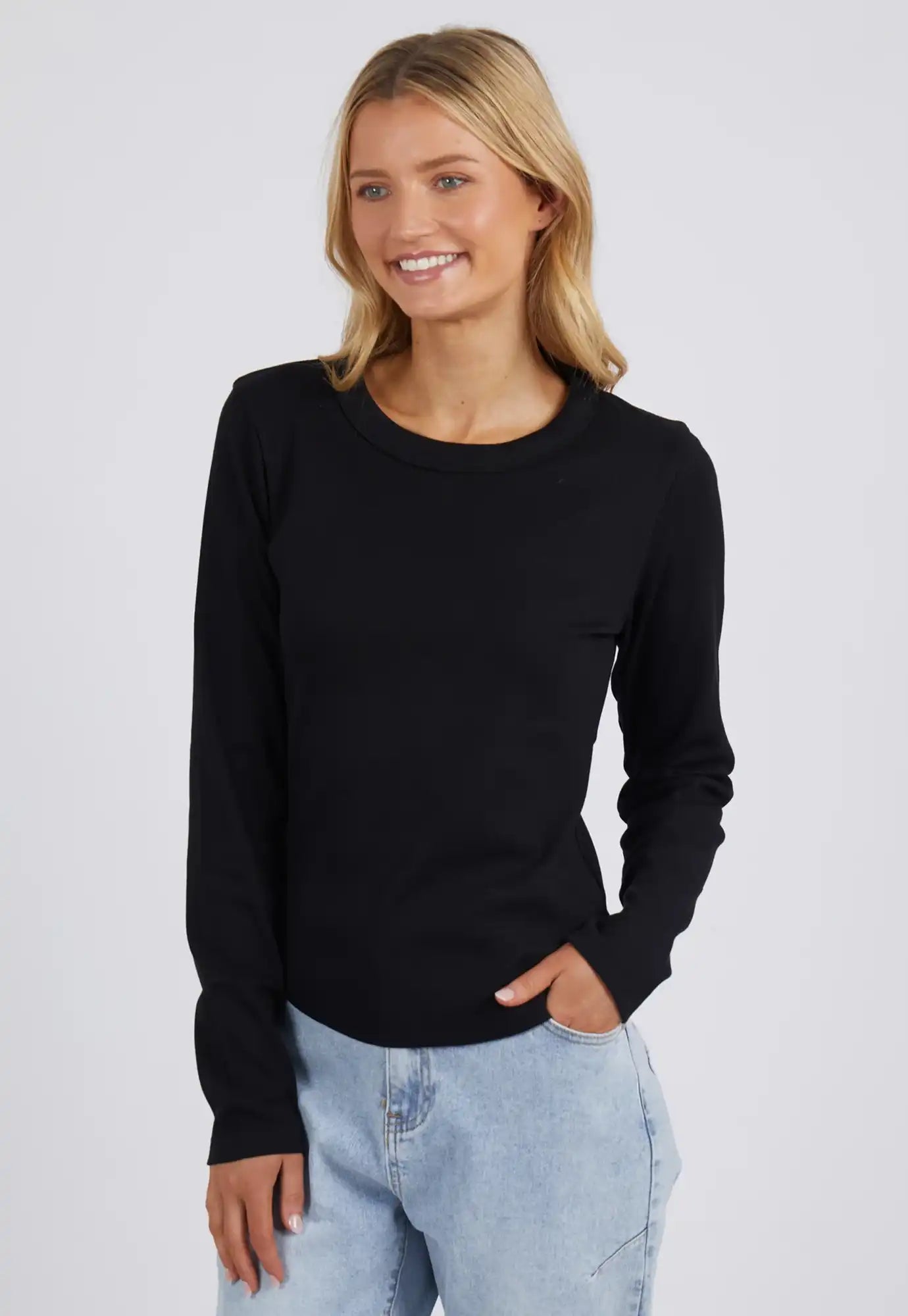 foxwood - scoop long sleeve rib top - black