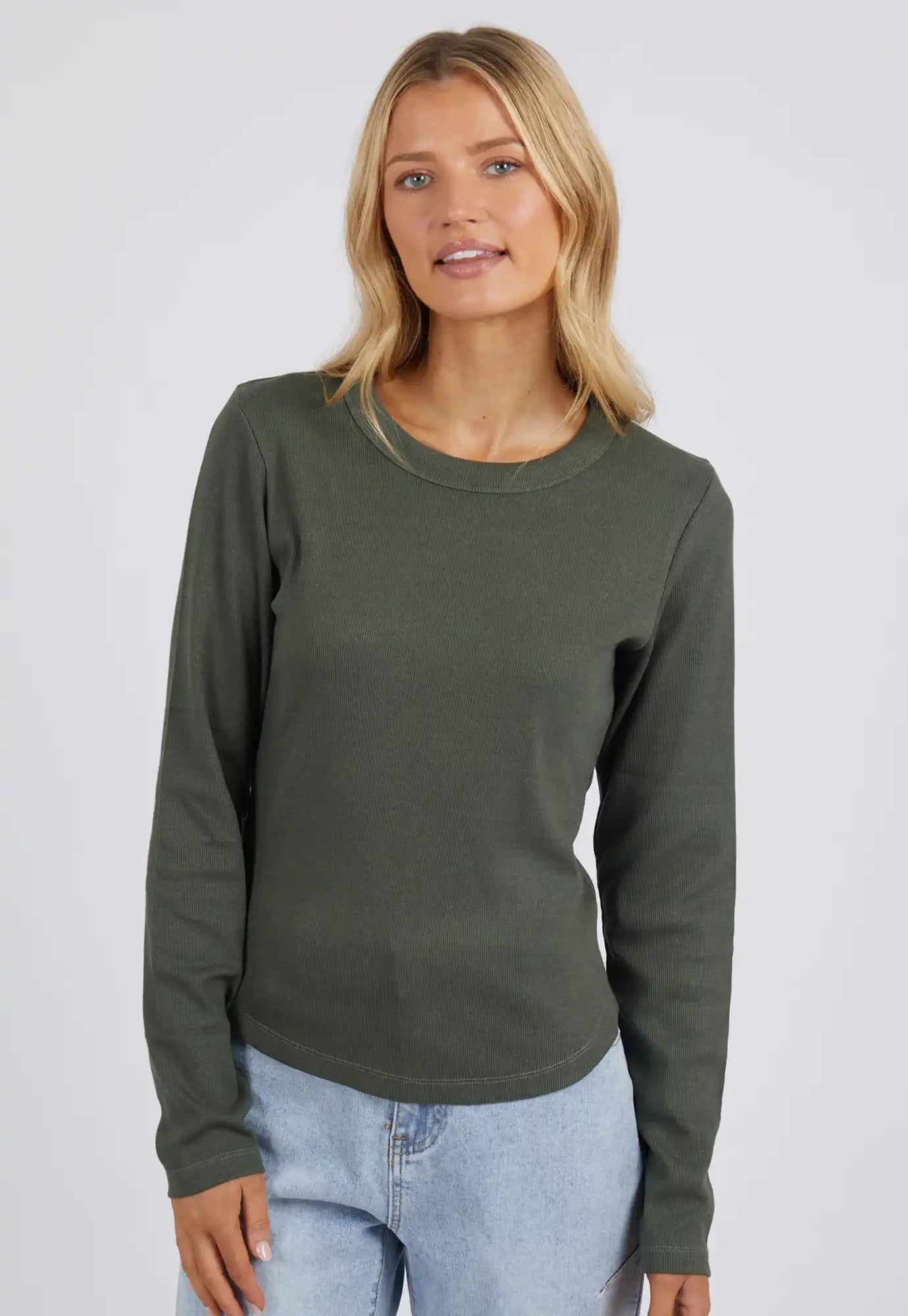 foxwood - scoop long sleeve rib top - khaki