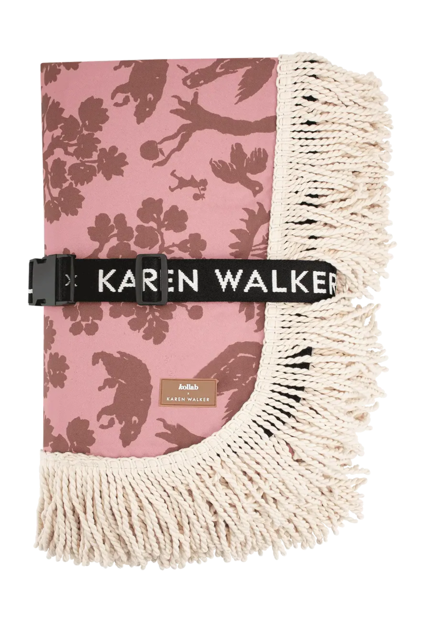 fringed picnic mat kollab x karen walker animal kingdom rolled up with straps ready for transport