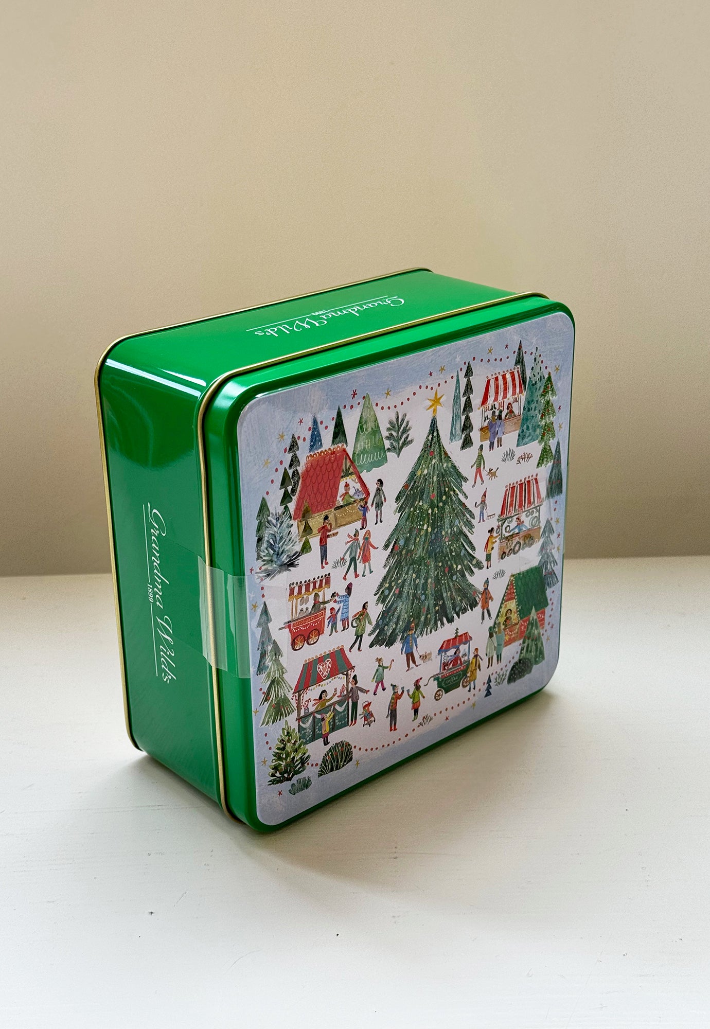 xmas village market embossed biscuit tin