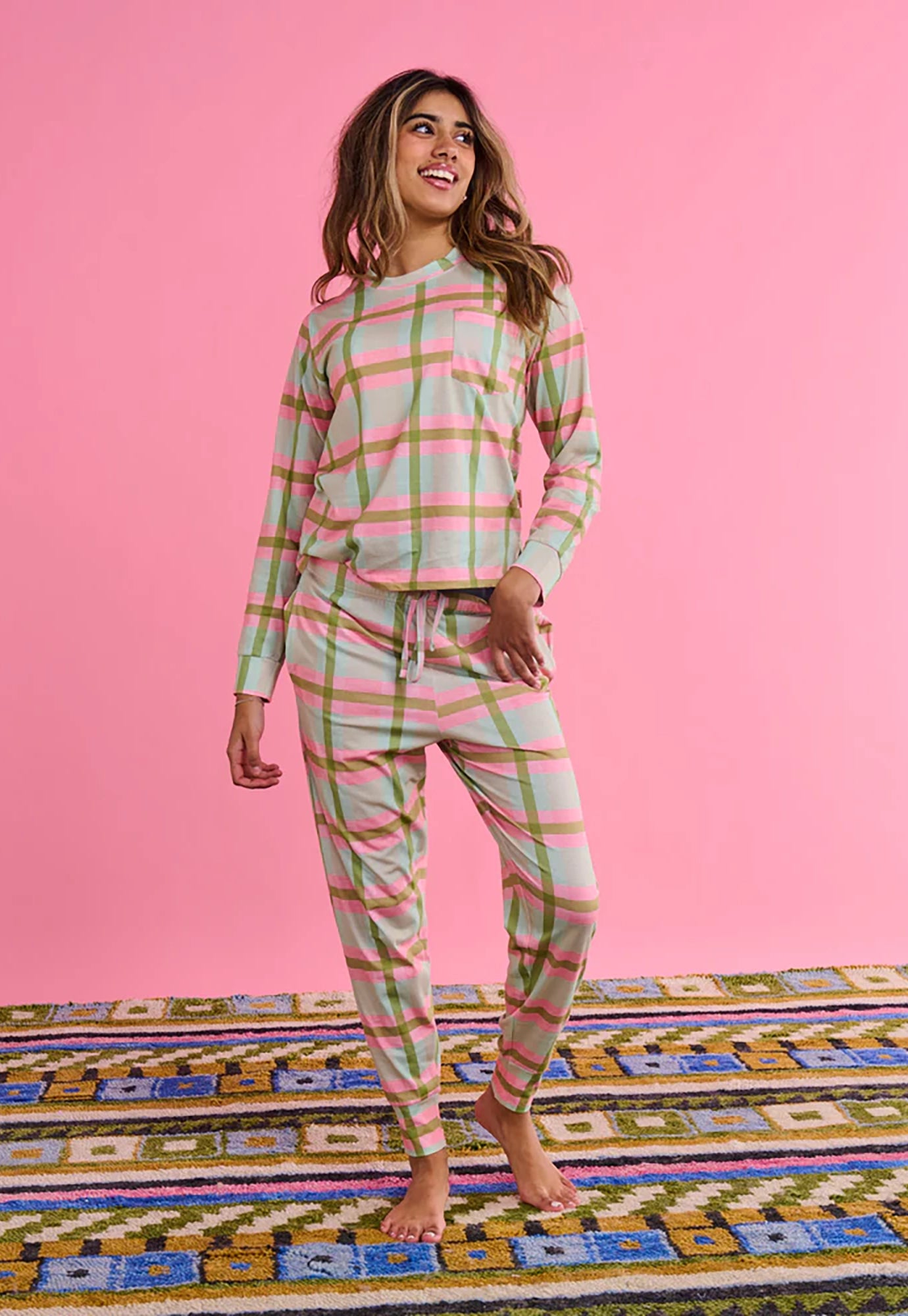 kip&co - pistachio tartan cotton long sleeve pyjama set