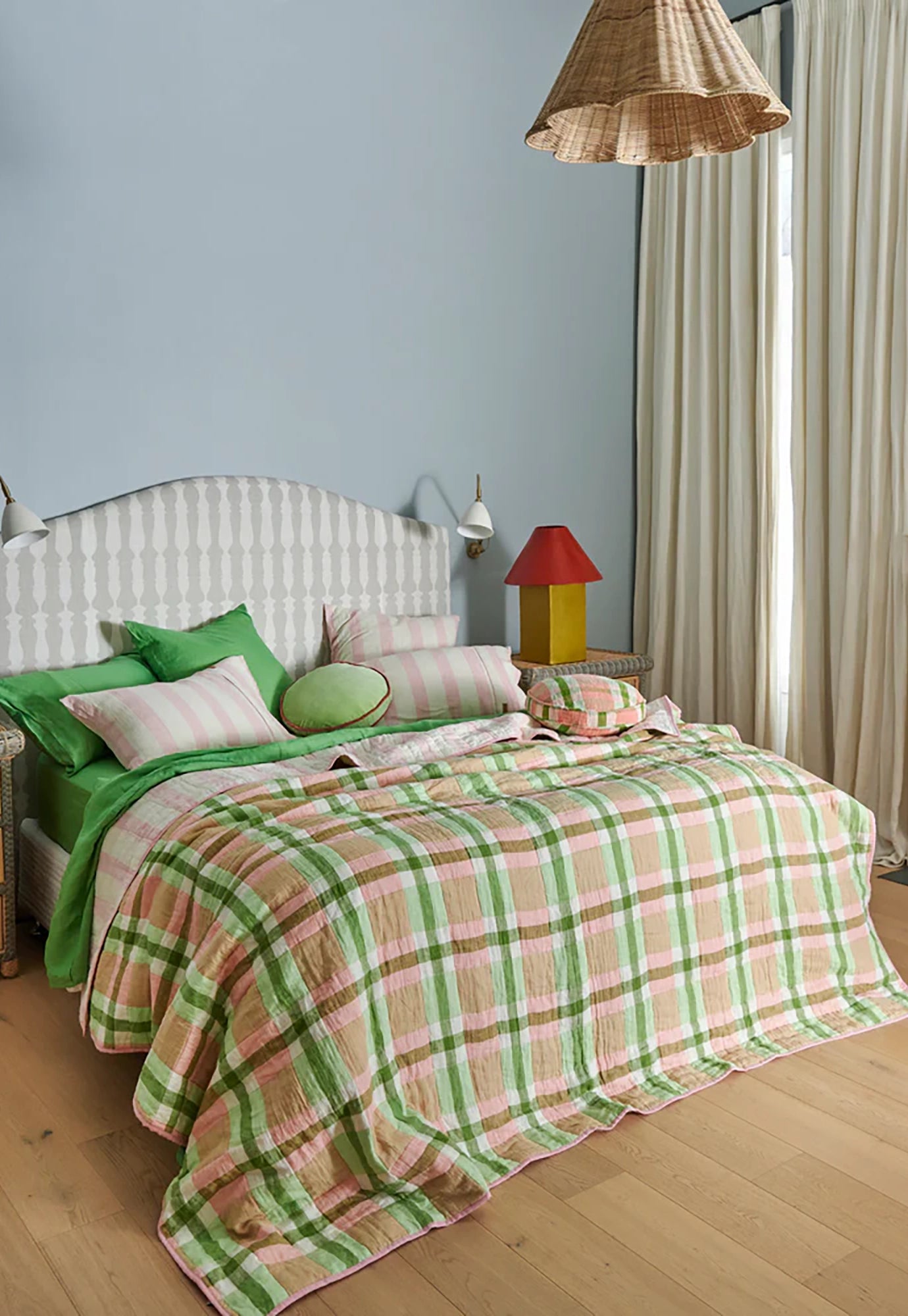 kip&co - pistachio tartan reversible linen quilted bedspread