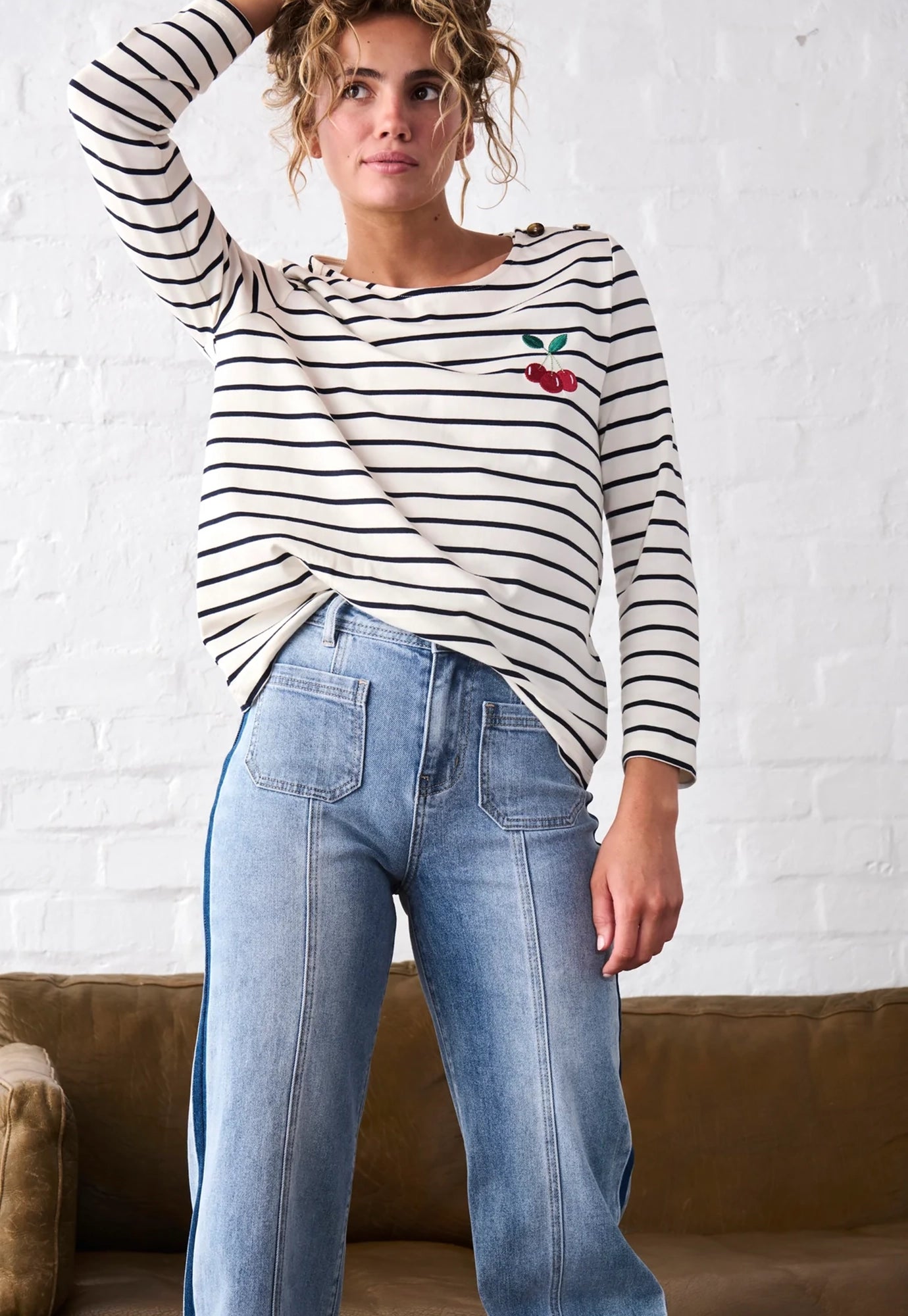kireina - erin top cherry - white with navy stripe
