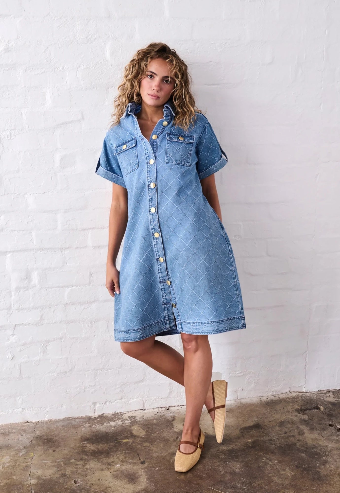 kireina - simone dress check stitch - 70's blue