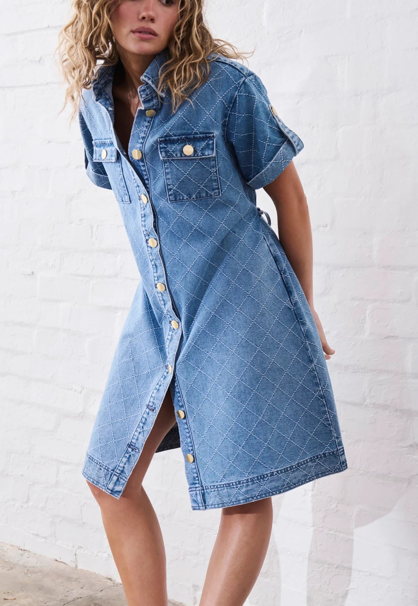 kireina - simone dress check stitch - 70's blue