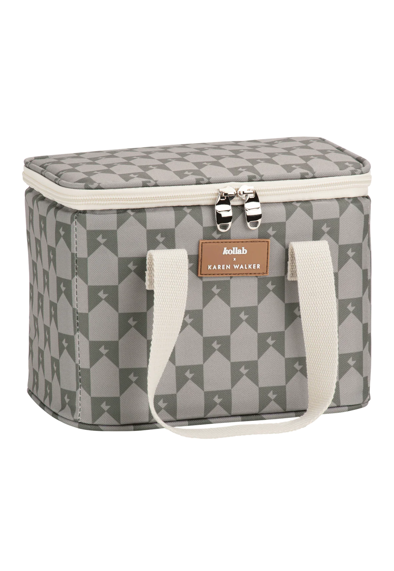 front view of kollab x karen walker lunch box sage monogram showing elegant monogram print and shape