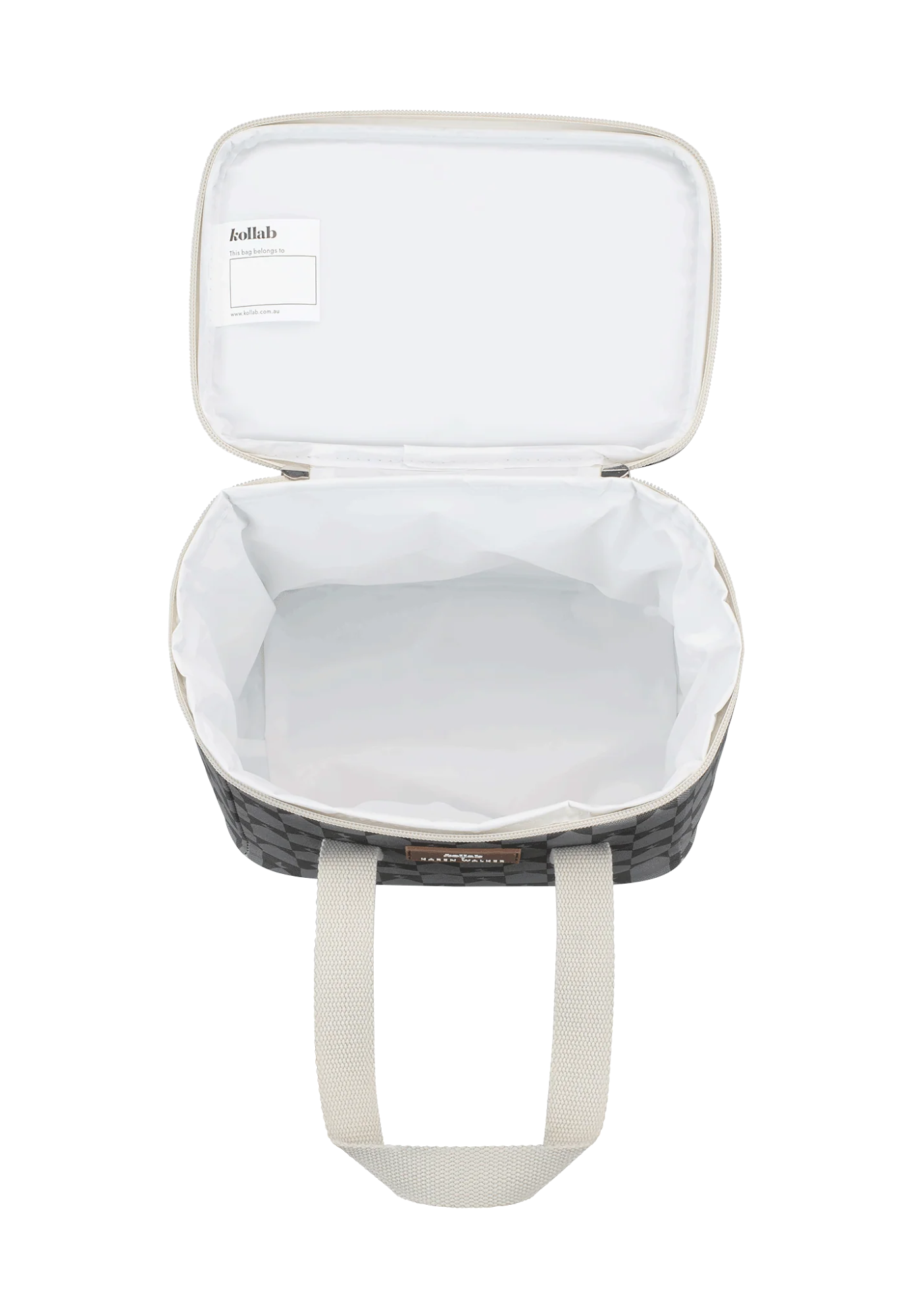 open view of kollab x karen walker lunch box sage monogram revealing padded peva lined interior for chill storage