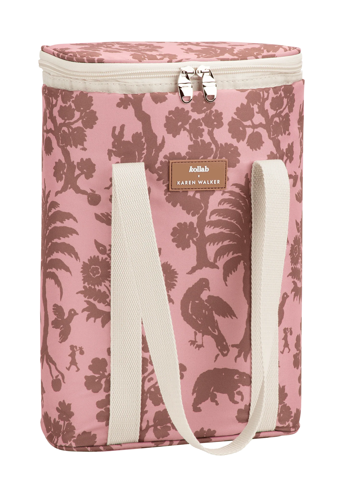 front view of kollab x karen walker wine cooler bag animal kingdom showing bold wildlife print and structured shape