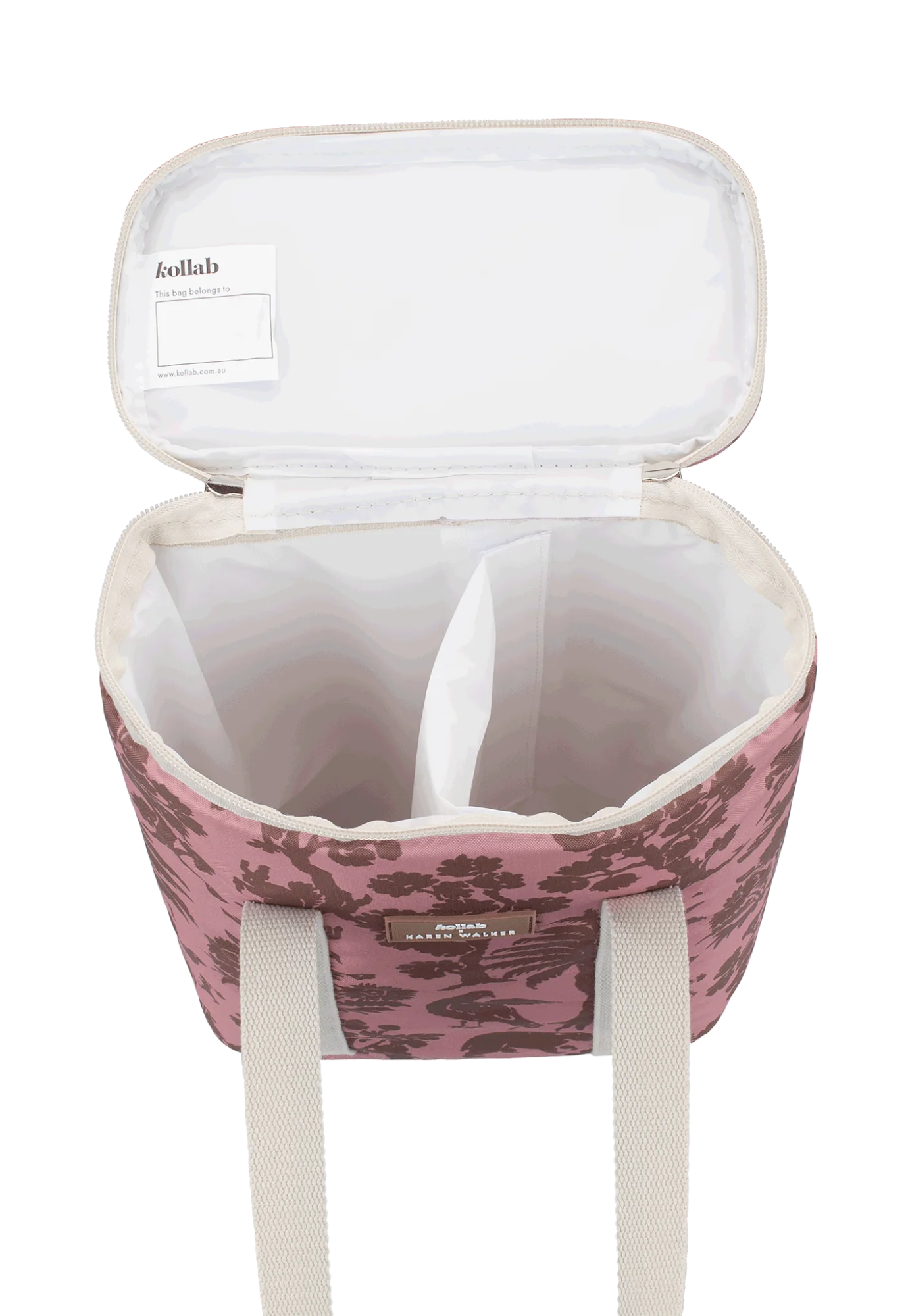 open view of kollab x karen walker wine cooler bag animal kingdom revealing two bottle compartments and removable divider