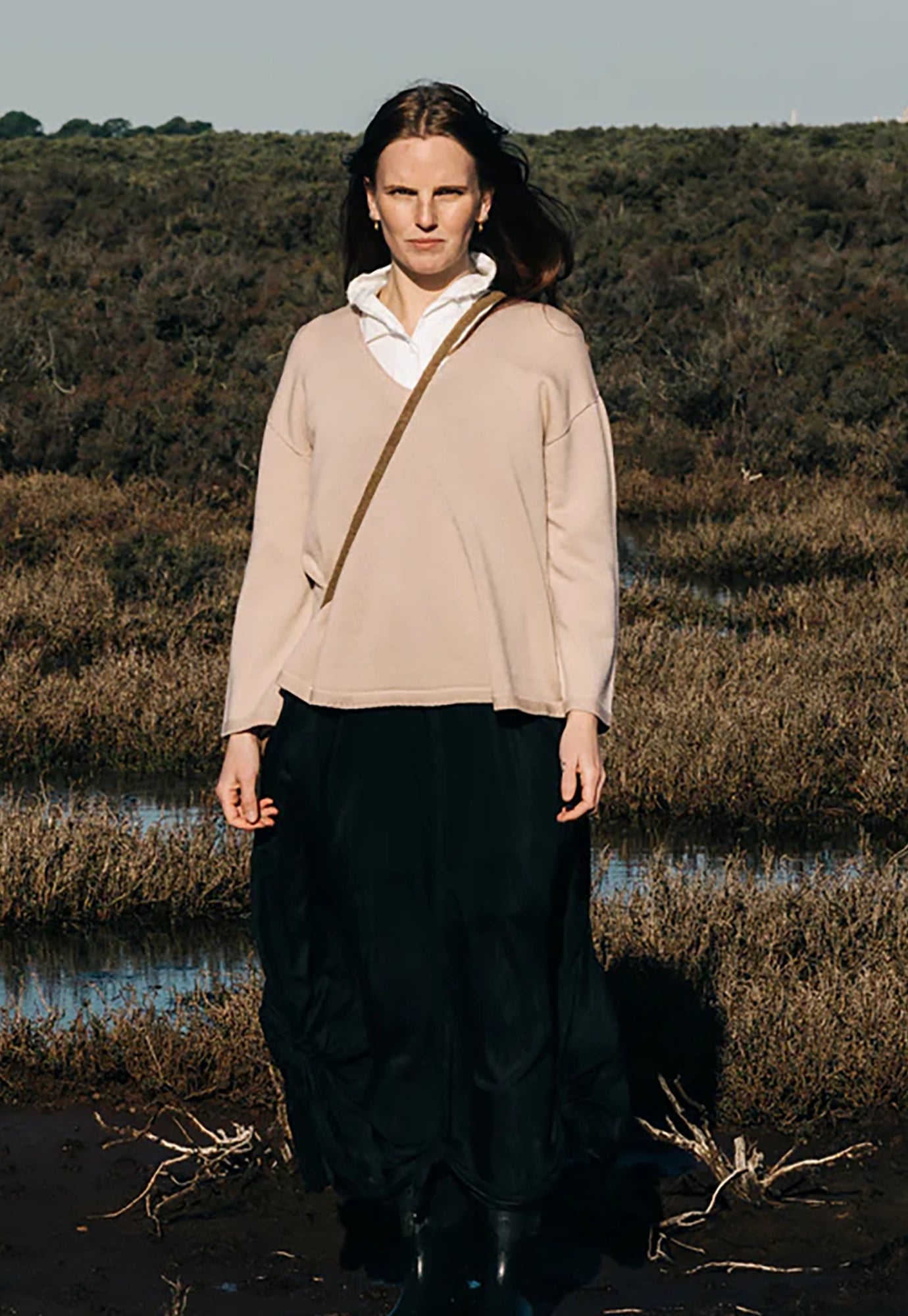 luna gallery - merino swing v neck jumper - rosewater
