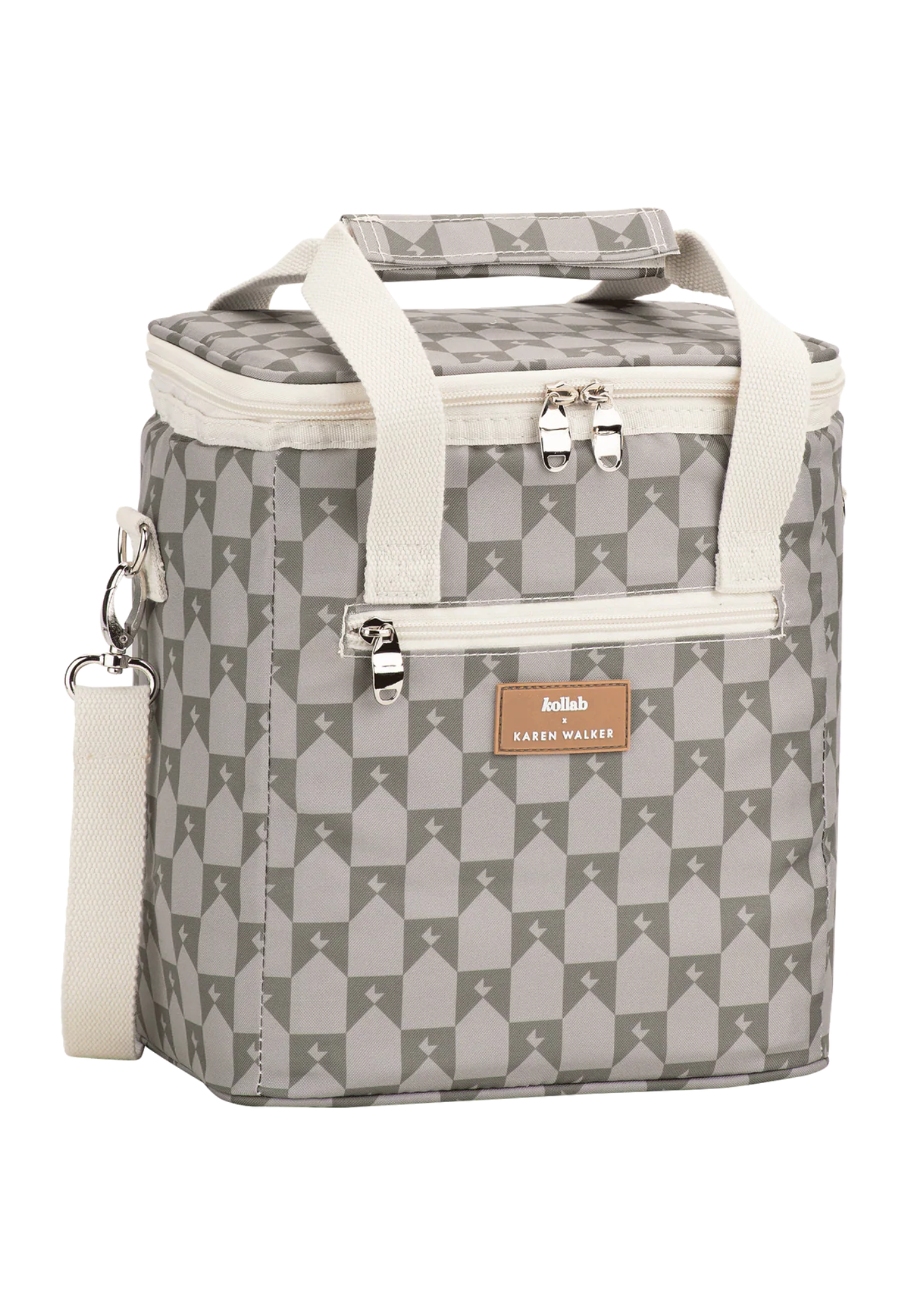 front view of mini cooler kollab x karen walker sage monogram showing compact size and monogram print