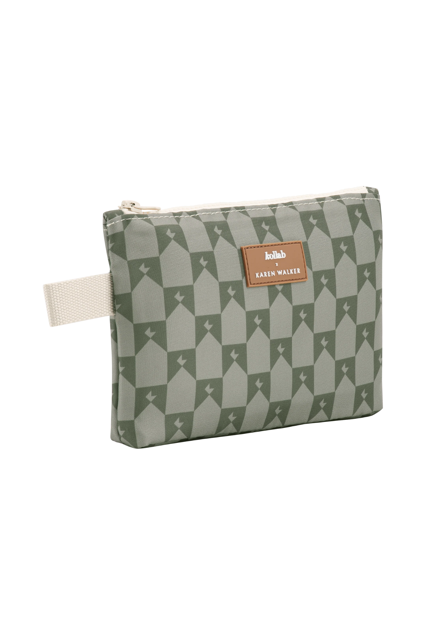 close-up of sage monogram print on mini pouch kollab x karen walker showing subtle pattern and designer branding