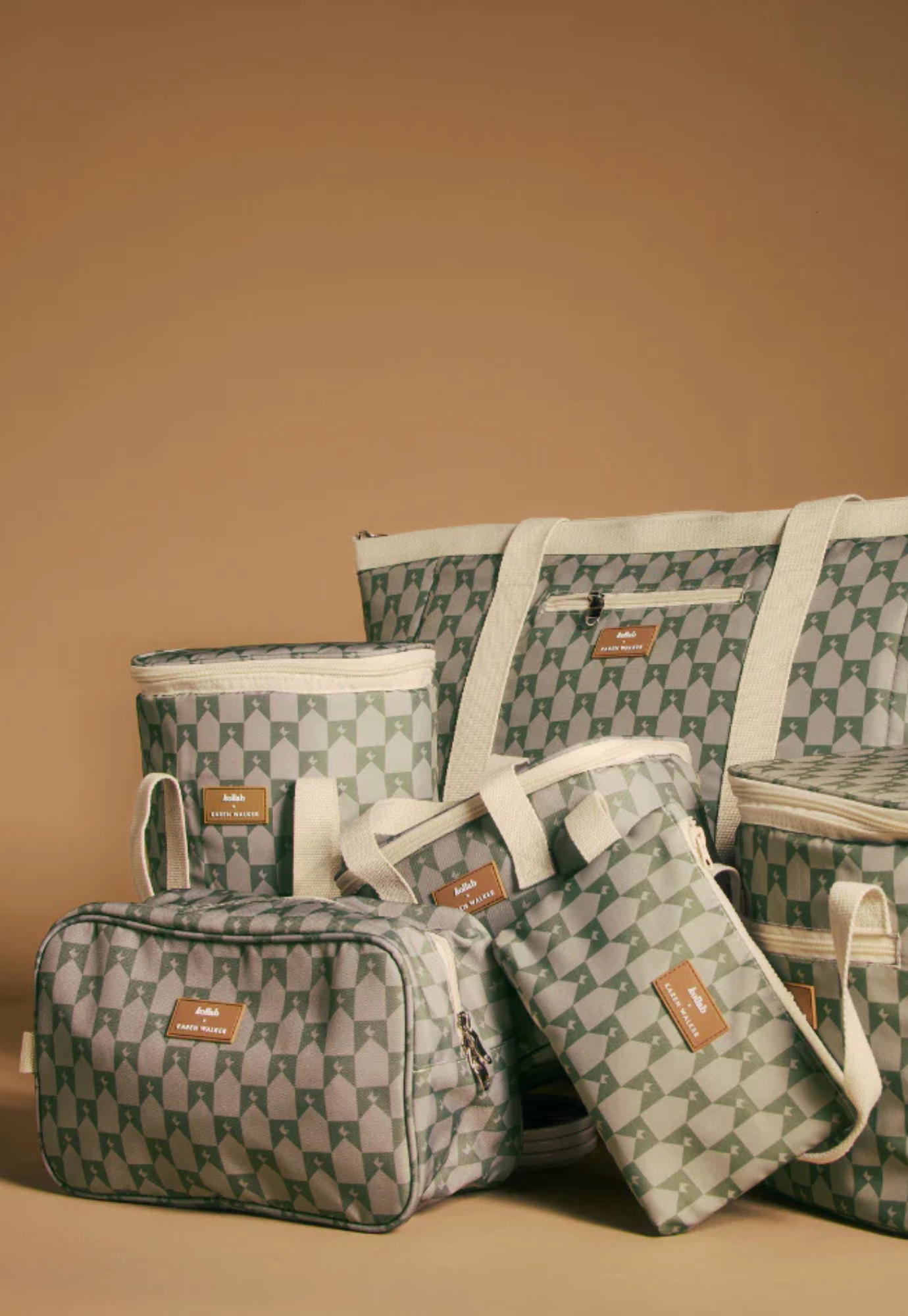 open view of mini pouch kollab x karen walker sage monogram revealing zip closure and padded lining