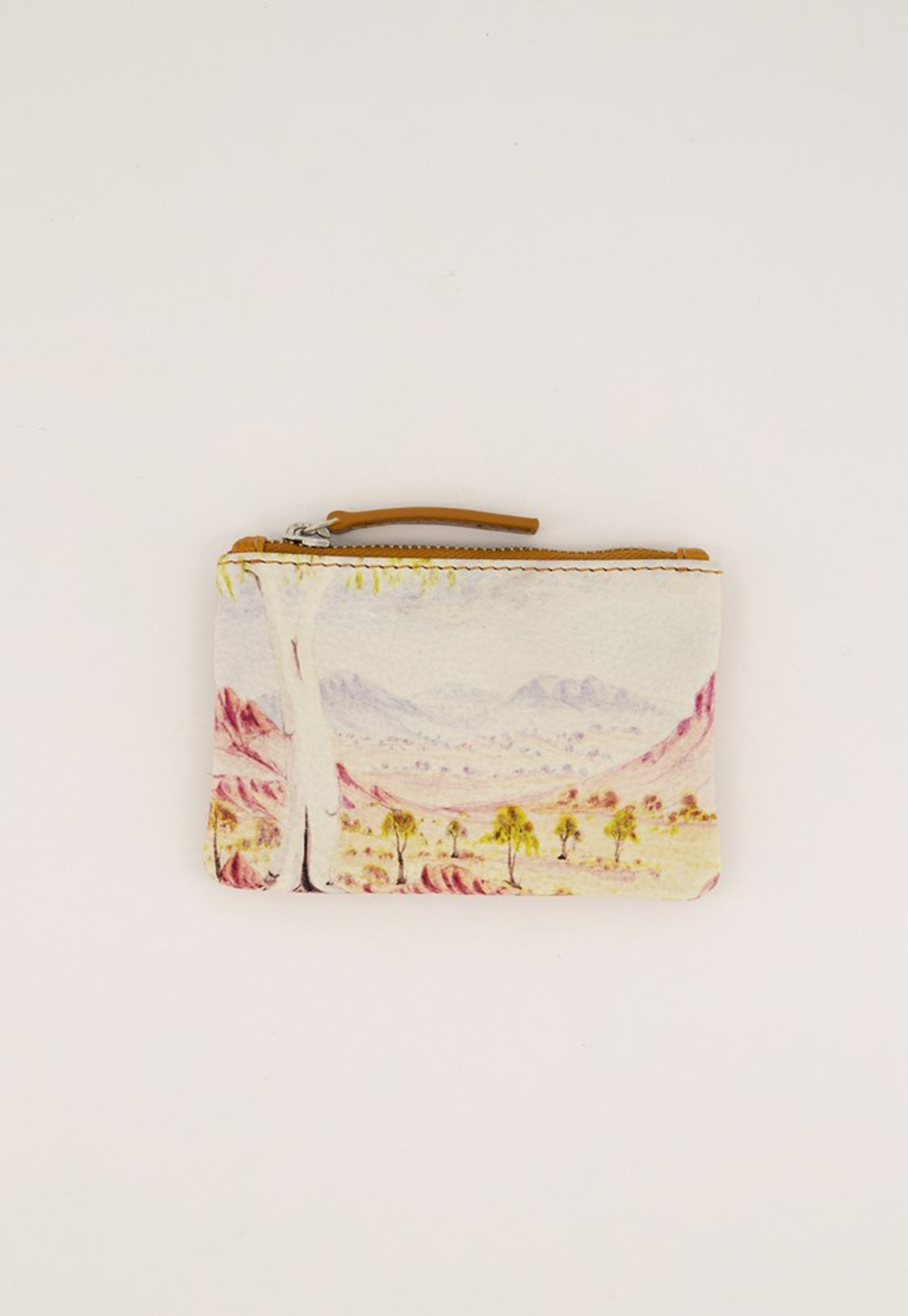 close up of nancybird card purse tjoritja showing original tjoritja artwork print on leather