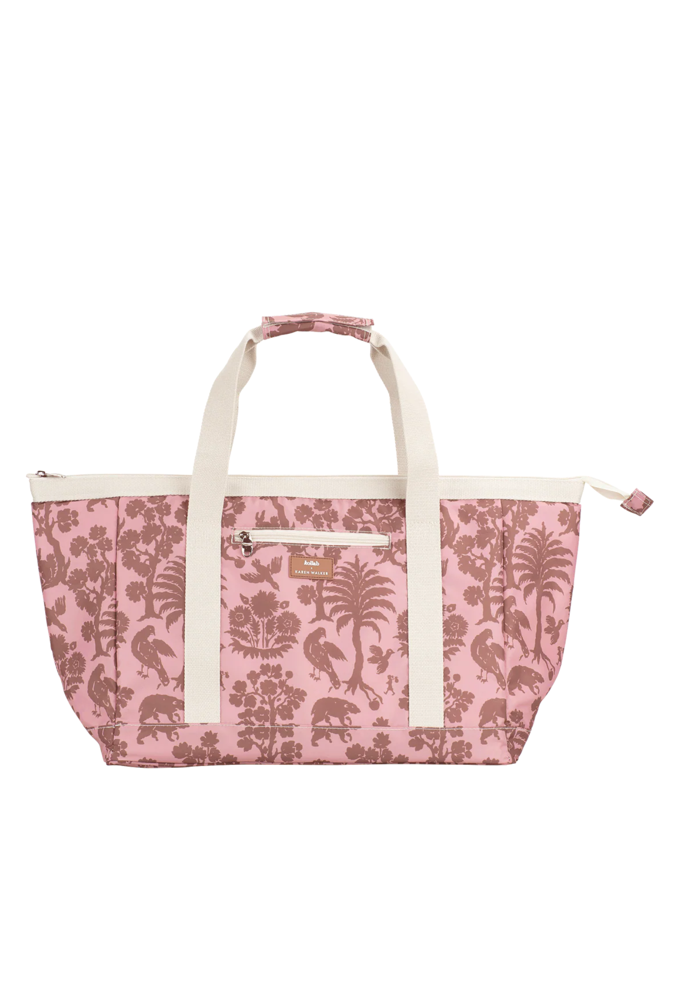 front view of tote bag kollab x karen walker animal kingdom showing bold wildlife print and roomy size