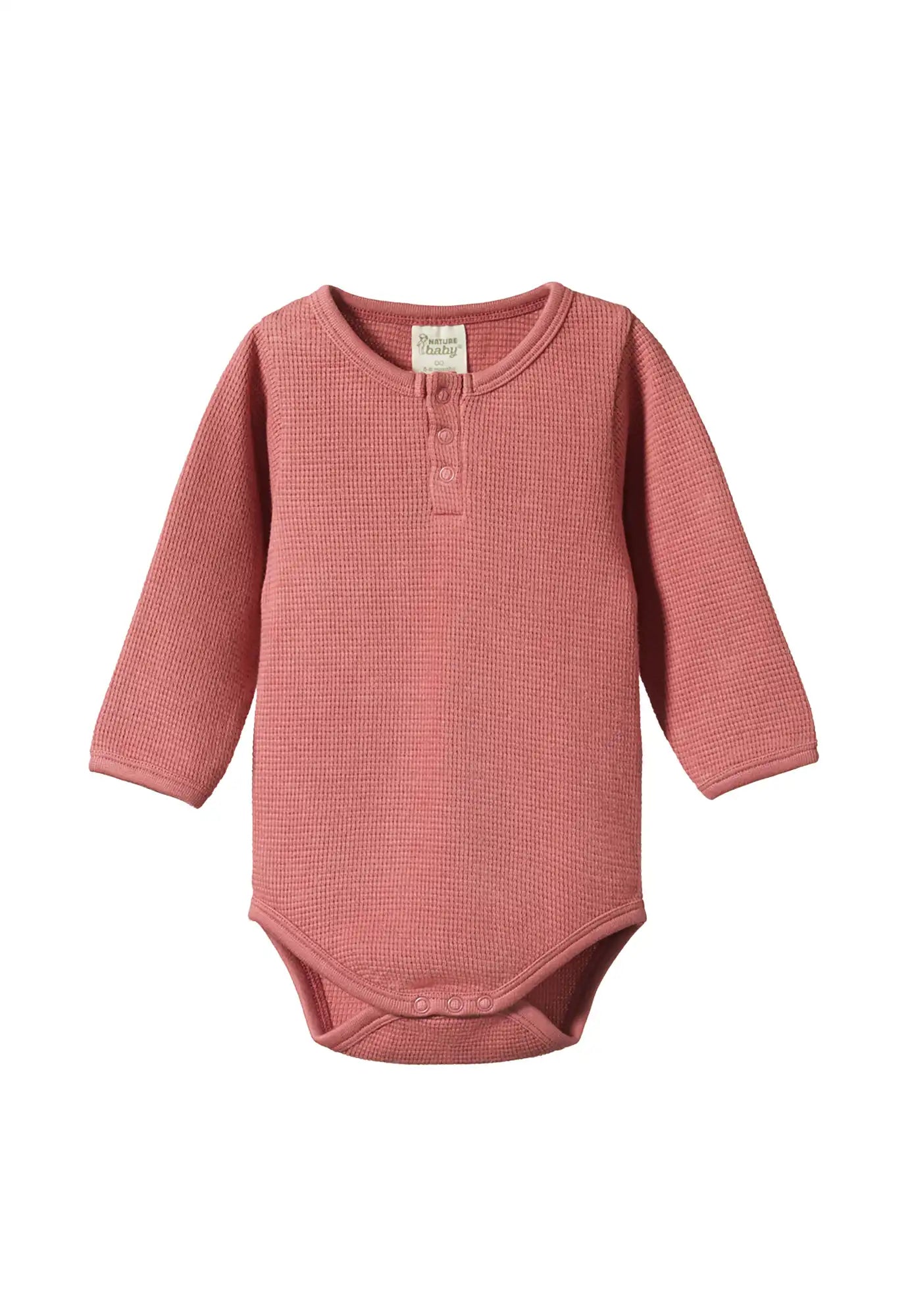 nature baby - henley waffle bodysuit - rose clay